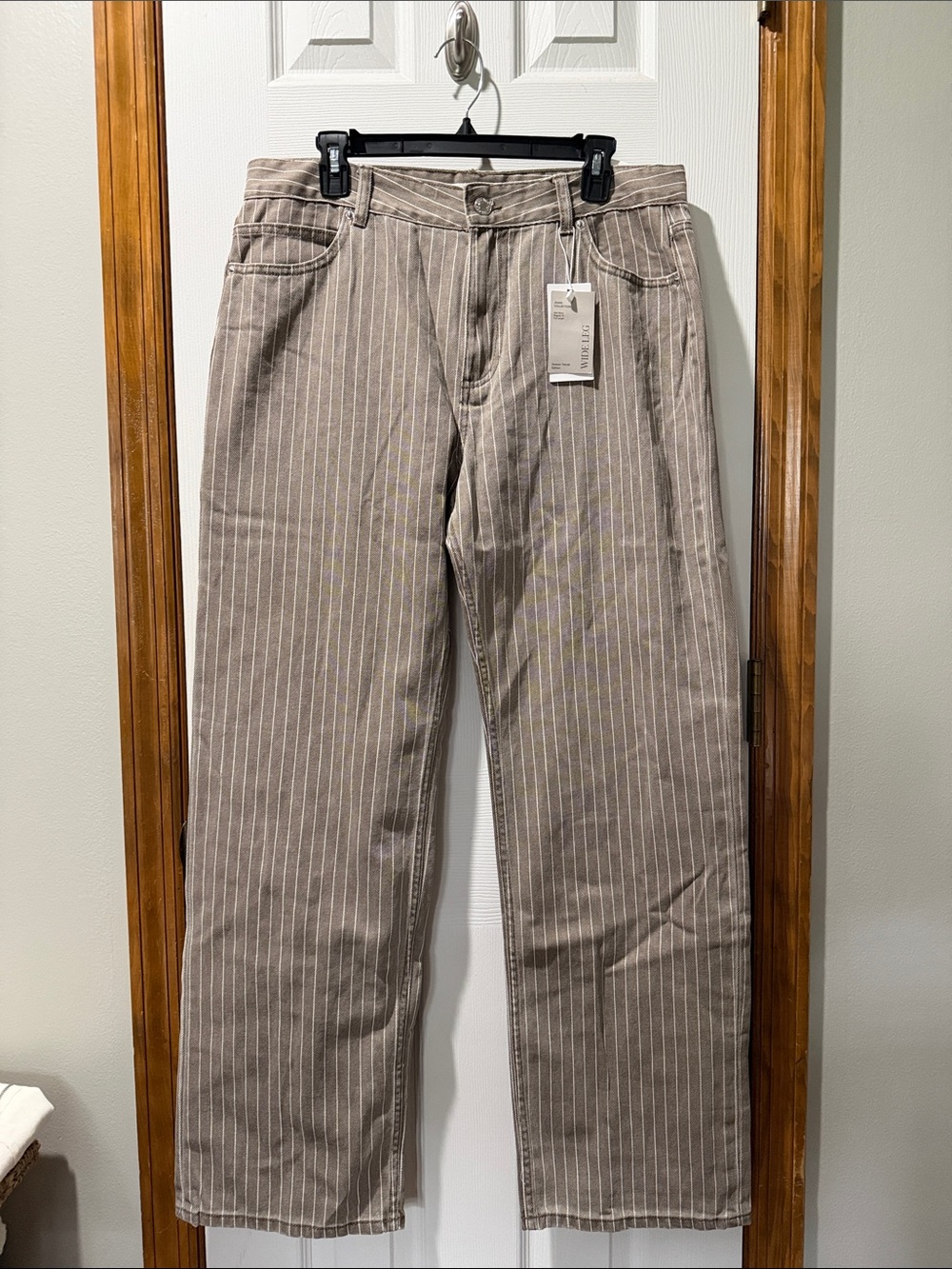 Mango Beige Pinstripe Wide-Leg Pants